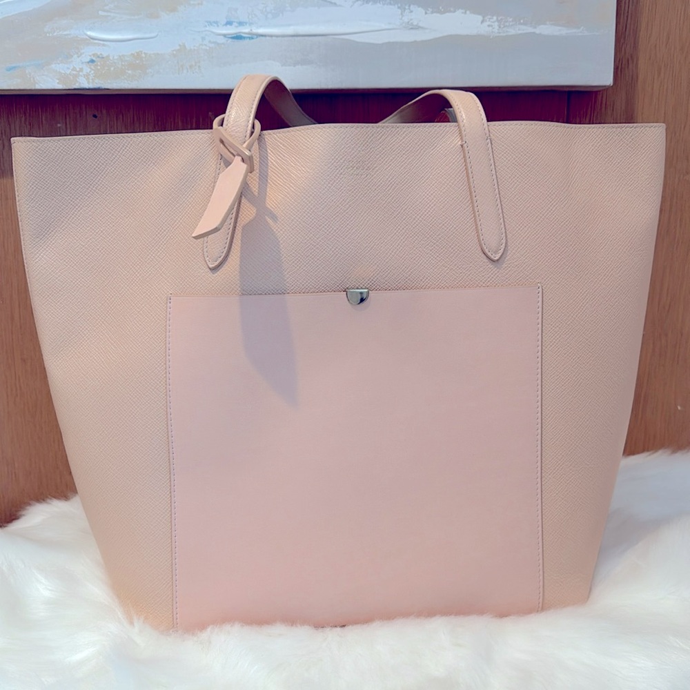 Smythson of Bond Street Panama East/West Leather Tote in Peachy Pink/Nude color